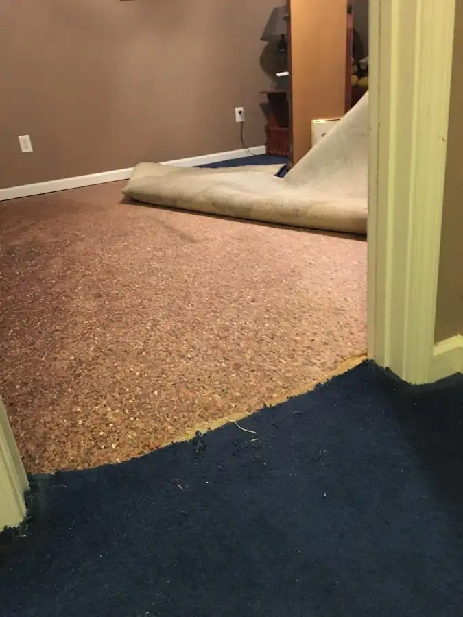 Carpet pad removal revealing water damage during Drying & Dehumidification in Navasota